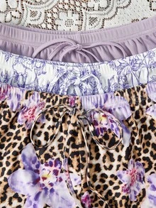 Snug Zone 3pcs Women Floral Ruffle Trim Tie Waist Pajama Set - Purple - View 4