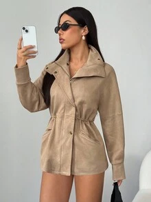 SHEIN PETITE Women's Solid Color Waist Cinched Faux Suede Jacket, Suitable For Commuting In Fall/Winter - Khaki - View 6