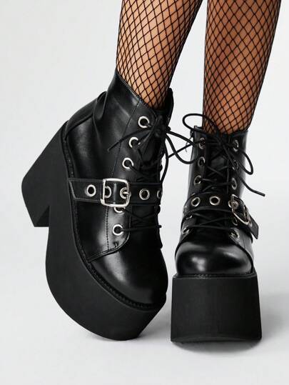 Grunge Punk Women's Gothic Style Thick Sole High Heel Combat Boots, Round Toe Side Zipper Thick 4.5in Block Heel, Punk Buckle Lace-Up Leather Wedge Ankle Boots, Outdoor Commuter Boots, Halloween