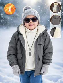 1 szt. chłopięca kurtka polarowa z kapturem w kolorze szarym i beżowym, z ozdobną kieszenią z przodu, prosta i modna, odpowiednia dla chłopców w wieku 4-7 lat, do codziennego noszenia
