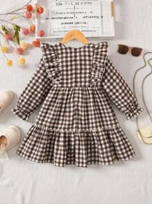 Emery Rose Kids Emery Rose Kids 年轻女孩年轻女孩双胞胎女孩格子宽松可爱休闲格子图案荷叶边饰荷叶边袖灯芯绒法式连衣裙，长袖连衣裙，秋冬格子连衣裙，夏季/秋季，非常适合休闲和日常穿着和上学日常，妈妈和女儿和姐妹搭配。 - 咖啡棕 - 查看 7