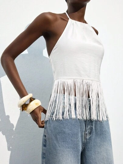 Maija Women's Elegant Romantic Solid Color Fringe Hem Fashionable Halter Backless Top, Suitable For Urban, Business Casual, Beach, Music Festival, Wedding Guest