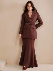 Anewsta Office Lady Brown Elegant Suit Set, Long Sleeve Jacket And Mermaid Maxi Skirt, Autumn/Winter - Coffee Brown - View 5