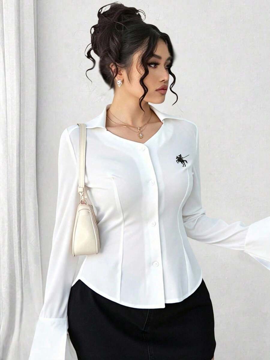 Elenzga 大码女式长袖单排扣刺绣修身休闲衬衫 - 白色 - 查看 1