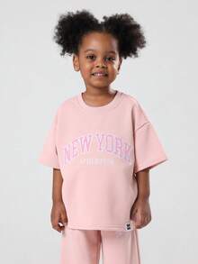 SUMWON Girls New York Athletics Varsity Logo T-Shirt Co-Ord Set Oversized Casual Wear Matching Two Piece Outfit Autumn Winter Collection - Pink - View 3