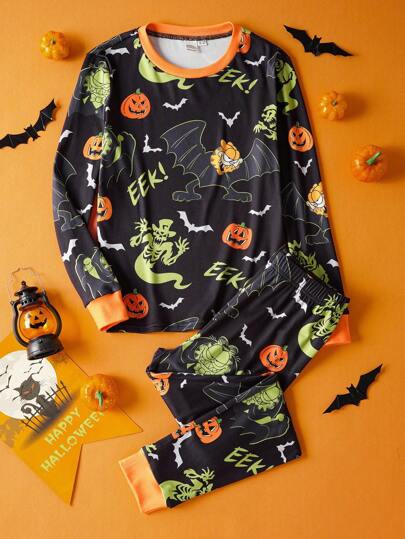 GARFIELD | SHEIN Teen Boys Black Cartoon Bat Cat And Pumpkin Print Snug Fit Pajama Set, Suitable For Autumn And Winter Season, Halloween