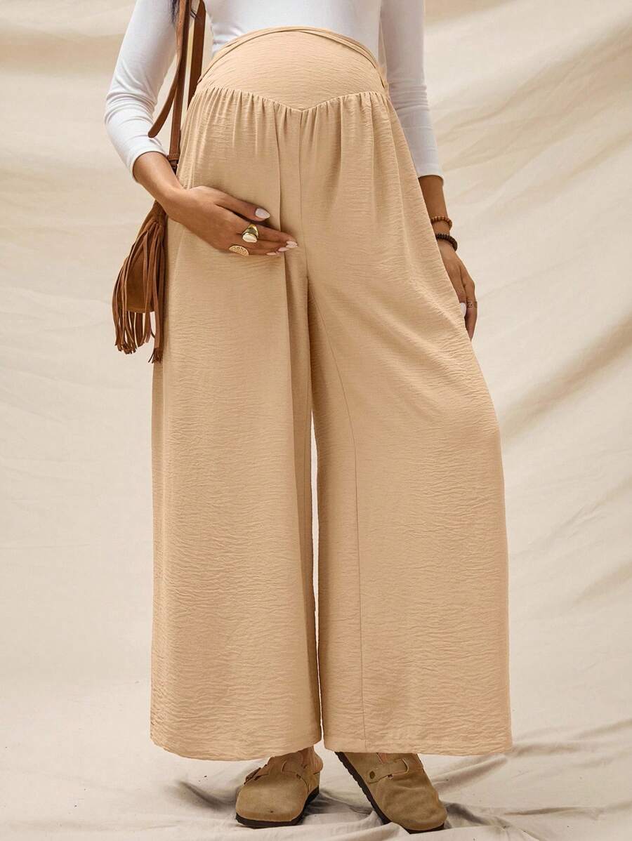 Boho Mama 孕妇休闲纯色高腰阔腿裤 - 卡其色 - 查看 1