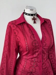 Sweetra 大码女式 V 领刺绣长袖修身纽扣衬衫，优雅通勤、复古、休闲、约会、派对，酒红色 - 酒紅色 - 查看 3