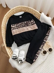 女婴可爱拼色豹纹卫衣和裤子套装，秋冬 - 彩色 - 查看 7