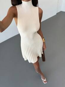 Aloruh Minimalist Stand Collar Sleeveless A-Line Mini Ribbed Knit Dress For Women,Fall - White - View 7
