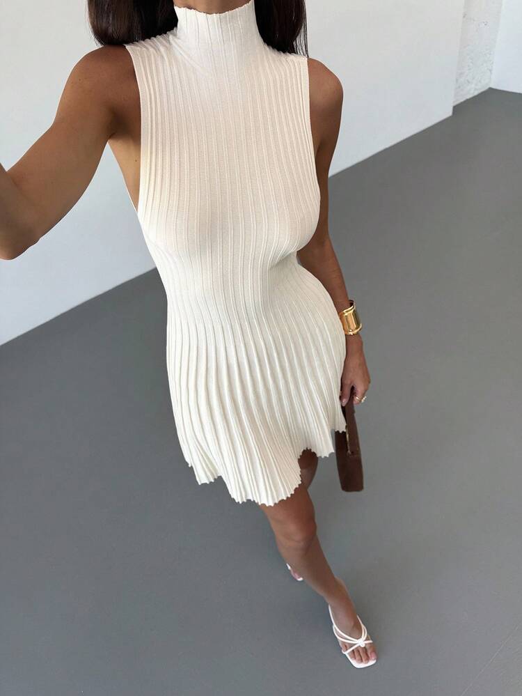 Aloruh Minimalist Stand Collar Sleeveless A-Line Mini Ribbed Knit Dress For Women,Fall - White - View 6