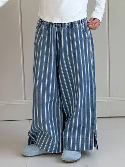 Dazy Kids Young Girl Pocketed Elastic Waist Striped Wide Leg Loose Casual Jeans