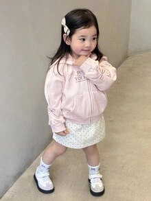 DAZY 女宝宝蝴蝶结刺绣连帽卫衣，休闲韩版长袖套头衫，秋冬 - 藕粉色 - 查看 1