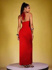 INAWLY Women's Solid Color Slim Fit Casual Dress, Summer - Red - View 2