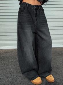 DAZY Quần Jeans Nữ Ống Thẳng Dáng Rộng, Quần Jeans Baggy - Rửa tối - Xem 3