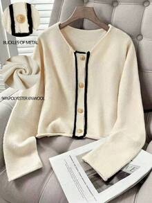 Franclia Cárdigan de punto casual y vintage con ribete de contraste y abotonadura sencilla para mujer, para otoño/invierno. Ropa universitaria y de otoño para mujer.