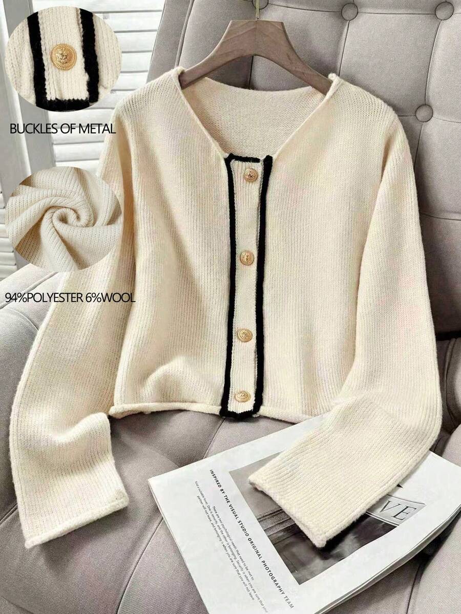 Franclia Cárdigan de punto casual y vintage con ribete de contraste y abotonadura sencilla para mujer, para otoño/invierno. Ropa universitaria y de otoño para mujer.