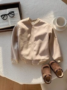 SHEIN 男童灯芯绒保暖内衬拉链棒球夹克，适合通勤、上学、休闲、运动、秋冬季穿着。男童灯芯绒夹克，幼儿夹克，秋季款。 - 杏色 - 查看 5