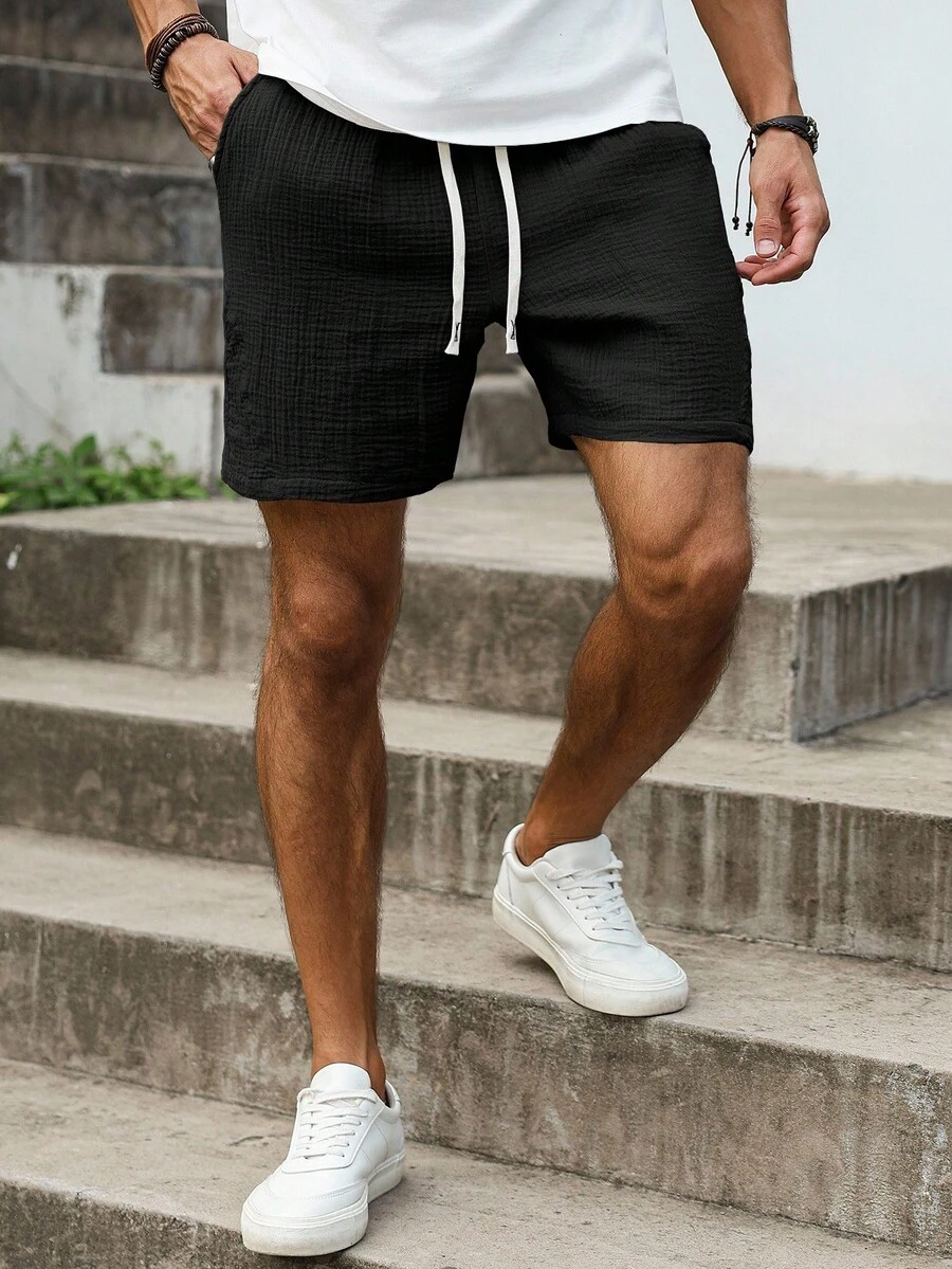 Genlund Men's Solid Color Simple Casual Patchwork Shorts, Holiday - Black - View 1