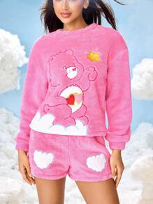 SHEIN X Care Bears 女士卡通刺绣长袖上衣和短裤睡衣套装，秋季服装 - 粉色 - 查看 6
