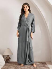 Ocili Leisure Comfortable & Smooth Minimalist Solid Color Bathrobe Holiday Season, Cozy Outfit, Fall & Winter - Grey - View 7