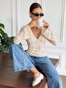 SHEIN Frenchy Women's Sequin Embroidery Lace-Up Backless Blouse,Elegant Beaded Deep V-Neck Bell Sleeve Shirt,Sparkly Apricot Summer Elegant Night Out Party Top - Apricot - View 5