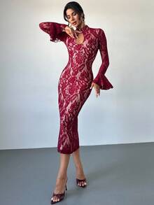 Firerie Women's Elegant Romantic Alluring Party Cocktail Dress, Burgundy Lace Hollow Design Flare Sleeve Slim Fit, Suitable For Autumn & Winter,Sexy,Red Corset,Christmas,Dresses For Women Elegant - Burgundy - View 7