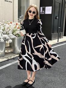 SHEIN Tween Girls 2 In 1 Gigot Sleeve Geometric Floral Patchwork Stand Collar Dress - Multicolor - View 11