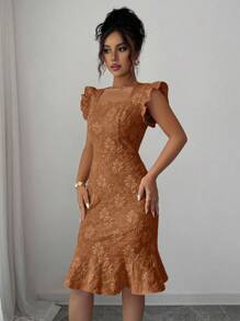 Elenzga Váy đi làm bằng vải jacquard cổ vuông tay lửng thanh lịch dành cho nữ, mùa hè - màu nâu - Xem 4