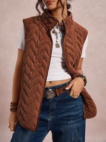 Freevana Plus Size Solid Color Front Zip Sleeveless Pocket Casual Padded Zip Up Coat, Daily Wear Halloween Pumpkin Color Christmas Winter  New Year  Thanksgiving Brown - Brown - View 4