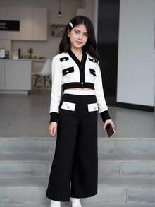 Conjunto de 2 piezas con chaqueta top de color contrastante y pantalón casual largo para niña preadolescente - Blanco y Negro - Ver 8