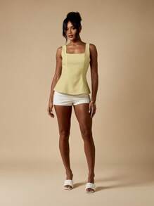 MISSGUIDED Square Neck Peplum Top Sleeveless Fitted Waist Summer Blouse Casual Evening Party Office Business Professional Wear Classic Elegant Fashion Formal Top For Women - Beige - View 7