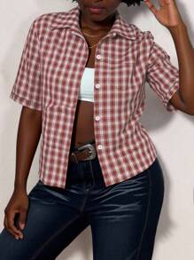 Maweii 女士休闲短袖格子衬衫 - 彩色 - 查看 3