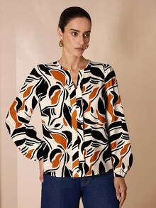 Glamance Shutterstock 女式 V 领拼色长袖休闲不对称几何印花纯色衬衫，适合户外、办公室、商务、旅行、机场、街头、秋冬季上衣女式长袖上衣印花衬衫全袖上衣秋季上衣 - 彩色 - 查看 4