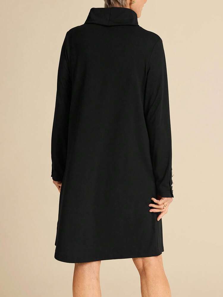 Women Plain Color Long Sleeve Minimalist Short Casual Dress, For Everyday Wear Dress Preto Spring Dress