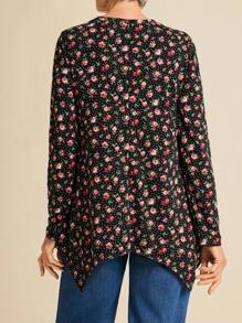 SHEIN LUNE Women's Floral Allover Print Round Neck Long Sleeve Casual T-Shirt Going Out Tops Women Spring Clothes - Black - View 2