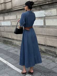 DAZY 女式夏季泡泡袖翻领收腰牛仔连衣裙 - 藍色 - 查看 2