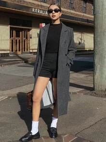 DAZY 女士休闲翻领长袖双排扣大衣，秋冬 - 深灰色 - 查看 5