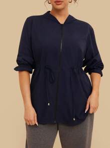 SHEIN VCAY 大码女式休闲户外露营夹克，带口袋和兜帽，运动装 - 黑色 - 查看 5