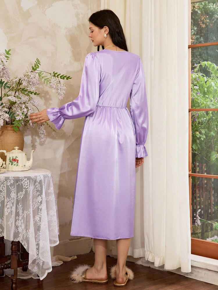 Côtesoire 优雅紫色 V 领蕾丝拼布长袖连衣裙女士复古睡袍紫色睡袍蕾丝睡袍缎面睡袍长袖睡袍，秋季 - 淡紫色 - 查看 2