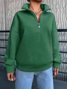 SHEIN Cottnline Solid Color Women's Drop Shoulder Zip Up Sweatshirt - Green - View 6