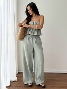 SHEIN PETITE Petite Green Woven 女士休闲套装，抹胸上衣+裤子，适合假日休闲 - 綠色 - 查看 4