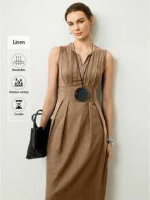 Uhlyne Váy suông vải lanh dệt không tay thanh lịch cổ chữ V, sọc hai túi màu trơn ôm vừa vặn dành cho nữ - Cà phê - Xem 1