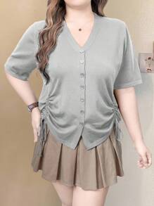 EMERY ROSE Plus Size Casual Solid Color Drawstring Short Sleeve Cardigan, Summer Winter Fall Autumn - Light Grey - View 4