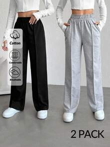 EURMUSE Petite Grey And Black Color Sweatpants With Elastic Waist Multipack - Multicolor - View 1