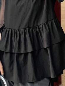 FRIFUL Blusa casual holgada con cuello redondo, dobladillo con volantes superpuestos y empalme, otoño - Negro - Ver 7