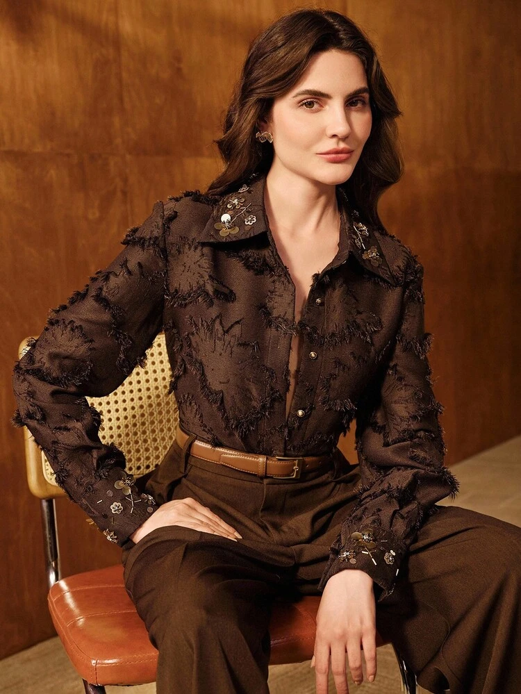 Handmade Beaded Fabric Elegant Long Sleeve Blouse For Women, Suitable For Fall, Winter, New Year, Elegant, Chic, Stylish, Christmas, Going Out