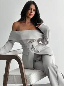 Women's Elegant Chic Romantic Casual Linen-Texture Off-Shoulder Long Sleeve Cinched Waist Metal Button Decor Blazer Jacket, Suitable For Autumn - Khaki - View 6
