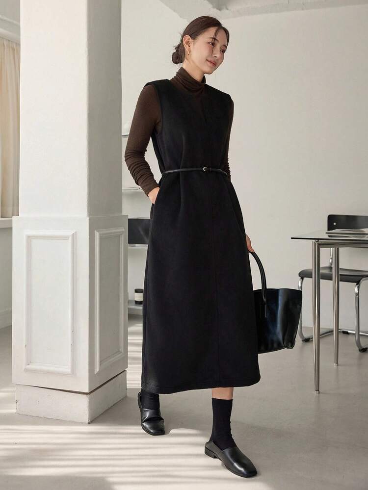 Women's Loose Business Casual Sleeveless Midi Dress, Suitable For Office Commute, Autumn/Winter