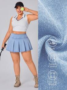SHEIN Essnce Plus Size Women's Spring/Summer Knitted Denim Pleated Skirt With Shorts - Light Wash - View 1